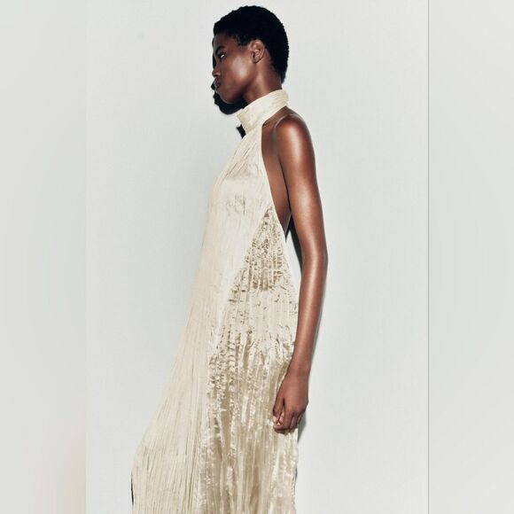NWT ZARA LONG PLEATED DRESS Light Beige Satim - Picture 5 of 16